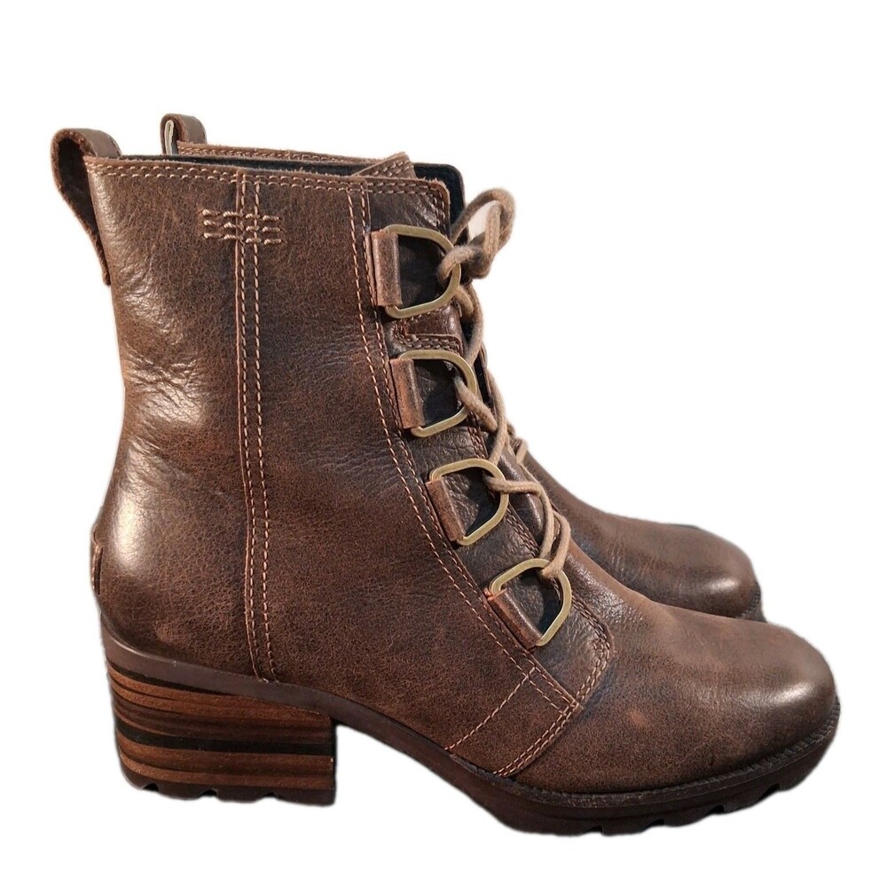 Sorel Cate Lace Up Heeled Moto Boots Major Burro Brown Waterproof Leather 7